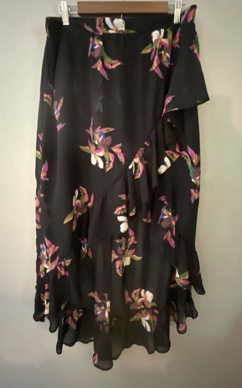 A New Day Black Floral Orchid Ruffle Hi-Low Midi Skirt